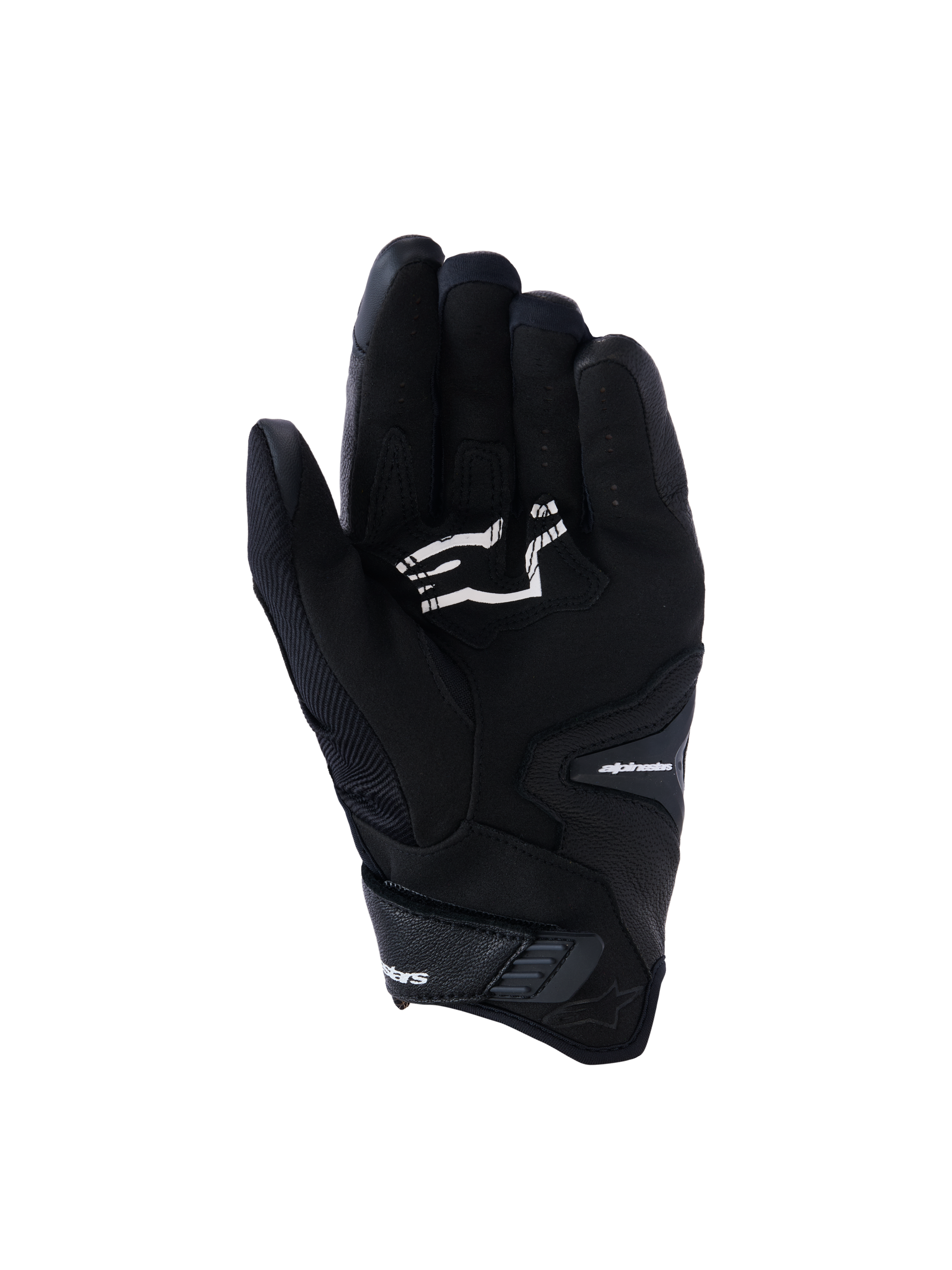 Rękawice Alpinestars SP-R Pro, czarne krótkie rękawice motocyklowe, widok od strony dłoni ukazujący wzmocnienia chwytu i białe logo Alpinestars, zaprojektowane do jazdy sportowej.