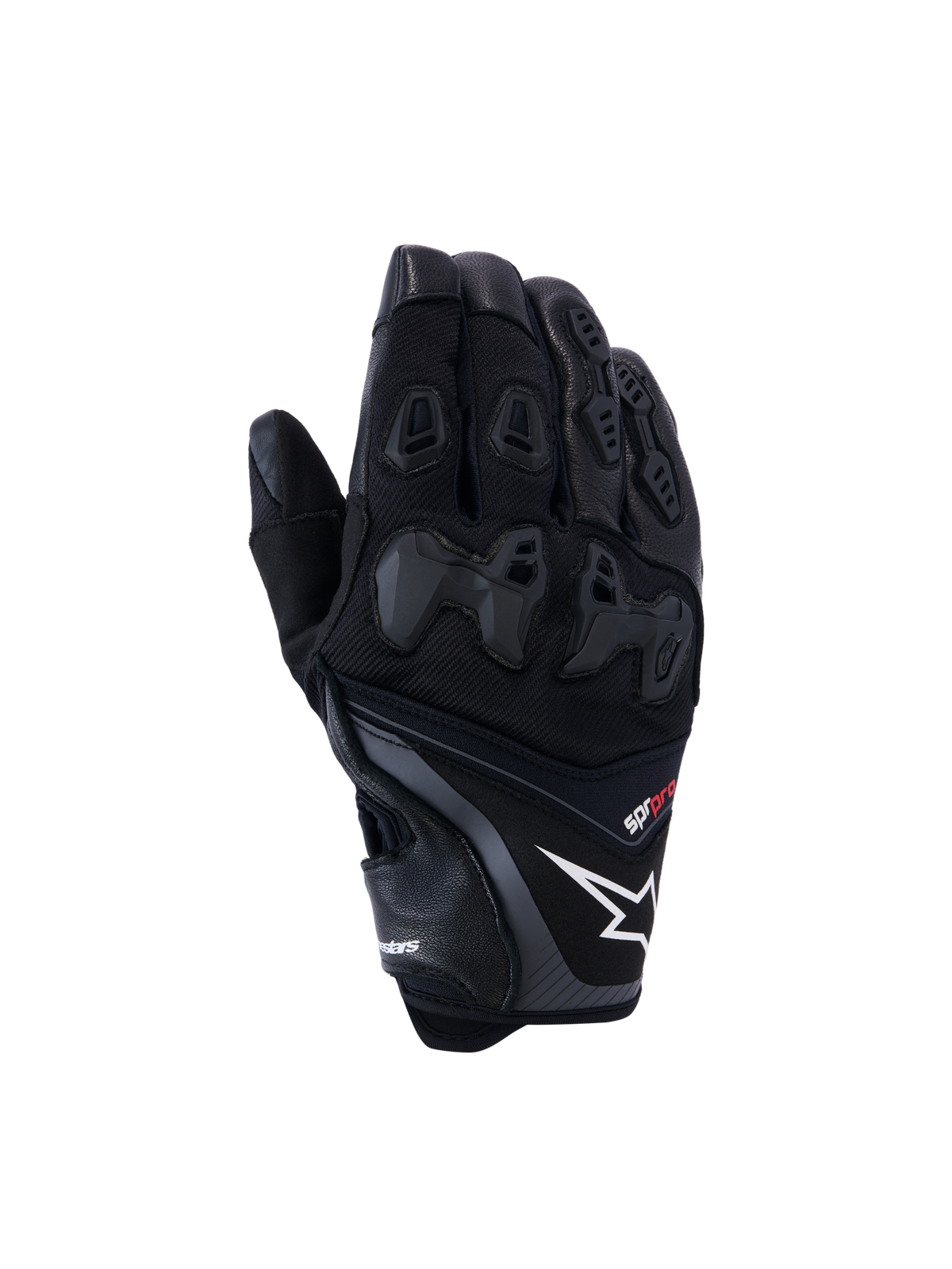 Alpinestars SP-R Pro Gloves, Black motorcycle racing gloves featuring a white star logo and red pro text, divided TPU knuckle protection and reinforced finger panels, premium leather and textile construction for sport riding
