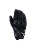 Alpinestars SP-R Pro Gloves, czarne wyścigowe rękawice motocyklowe z białym logo gwiazdy i czerwonym napisem „pro”, dzielona ochrona kostek TPU i wzmocnione panele na palcach, konstrukcja ze skóry premium i materiału tekstylnego do jazdy sportowej