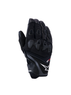 Alpinestars SP-R Pro Gloves, czarne wyścigowe rękawice motocyklowe z białym logo gwiazdy i czerwonym napisem „pro”, dzielona ochrona kostek TPU i wzmocnione panele na palcach, konstrukcja ze skóry premium i materiału tekstylnego do jazdy sportowej