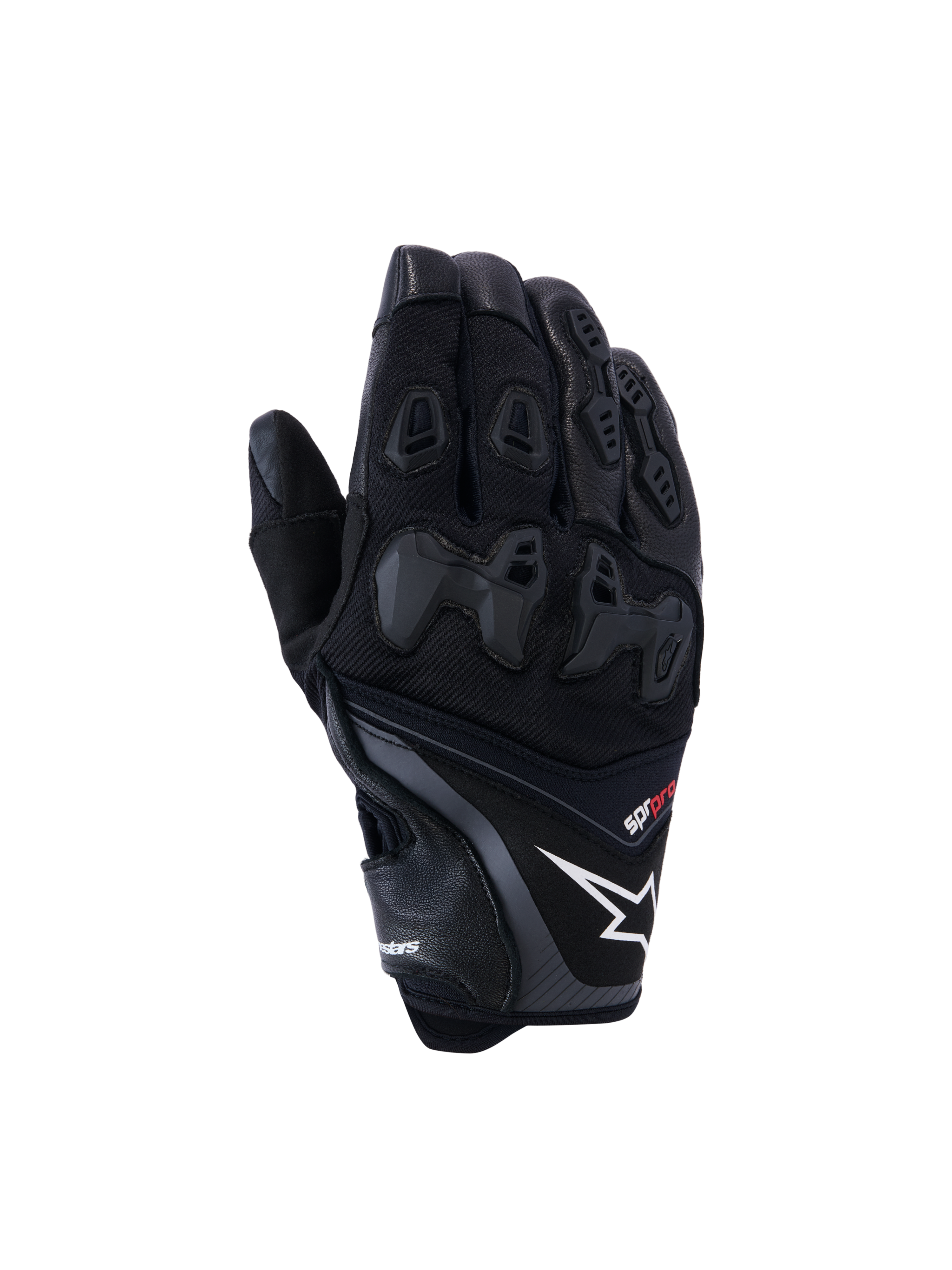 Alpinestars SP-R Pro Gloves, czarne wyścigowe rękawice motocyklowe z białym logo gwiazdy i czerwonym napisem „pro”, dzielona ochrona kostek TPU i wzmocnione panele na palcach, konstrukcja ze skóry premium i materiału tekstylnego do jazdy sportowej