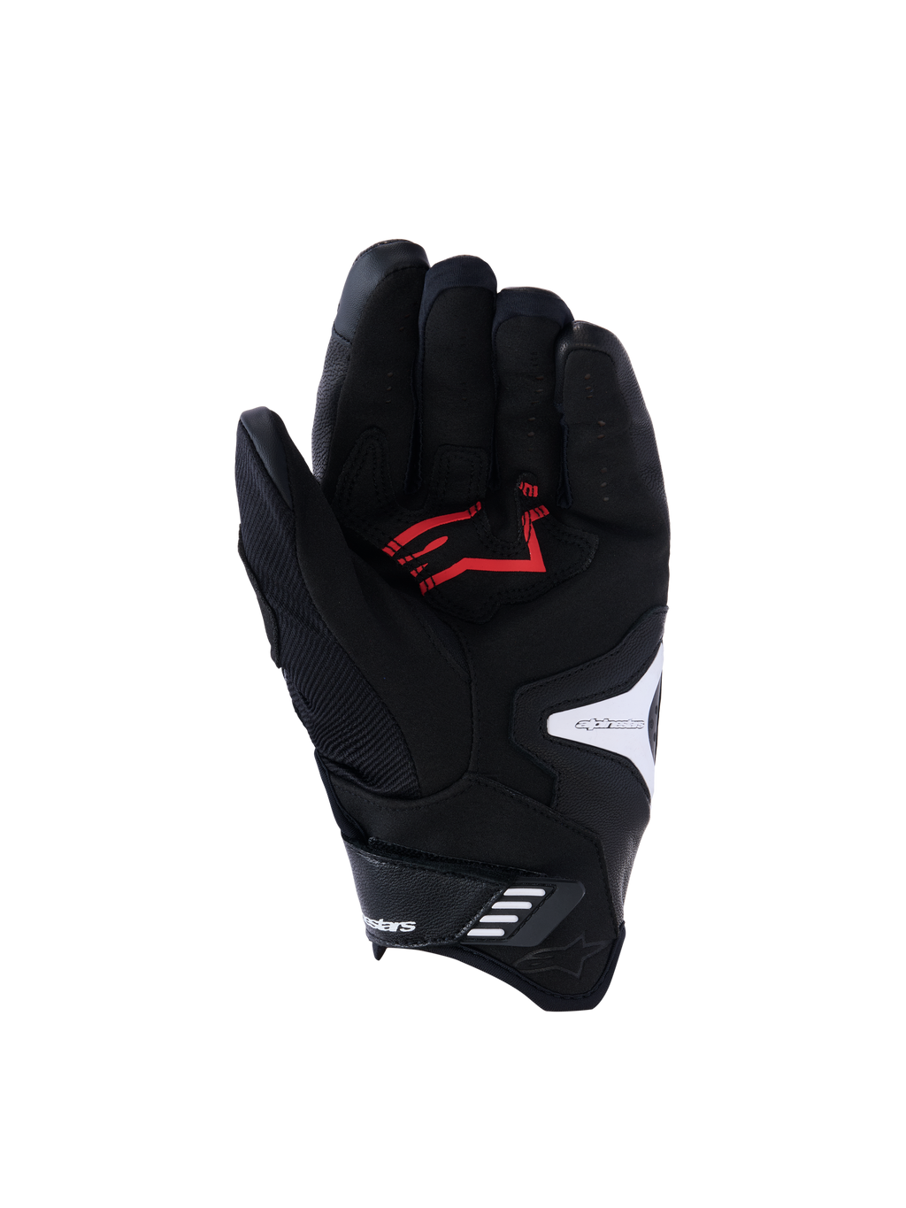 Rękawice Alpinestars SP-R Pro, widok od strony dłoni, czarno-biało-jasnoczerwone, wzmocniona dłoń ze skóry syntetycznej z czerwonym logo, perforowane skórzane palce i białe akcenty z logo, przeznaczone do sportowej jazdy motocyklowej