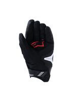 Rękawice Alpinestars SP-R Pro, widok od strony dłoni, czarno-biało-jasnoczerwone, wzmocniona dłoń ze skóry syntetycznej z czerwonym logo, perforowane skórzane palce i białe akcenty z logo, przeznaczone do sportowej jazdy motocyklowej