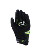 Rękawice Alpinestars SP-R Pro, czarno-żółte neonowe, widok dłoni ze wzmocnionymi strefami chwytu z syntetycznej skóry, białe logo z neonowo-żółtymi przeszyciami i bezpiecznym zapięciem na nadgarstku, zaprojektowane do jazdy sportowej