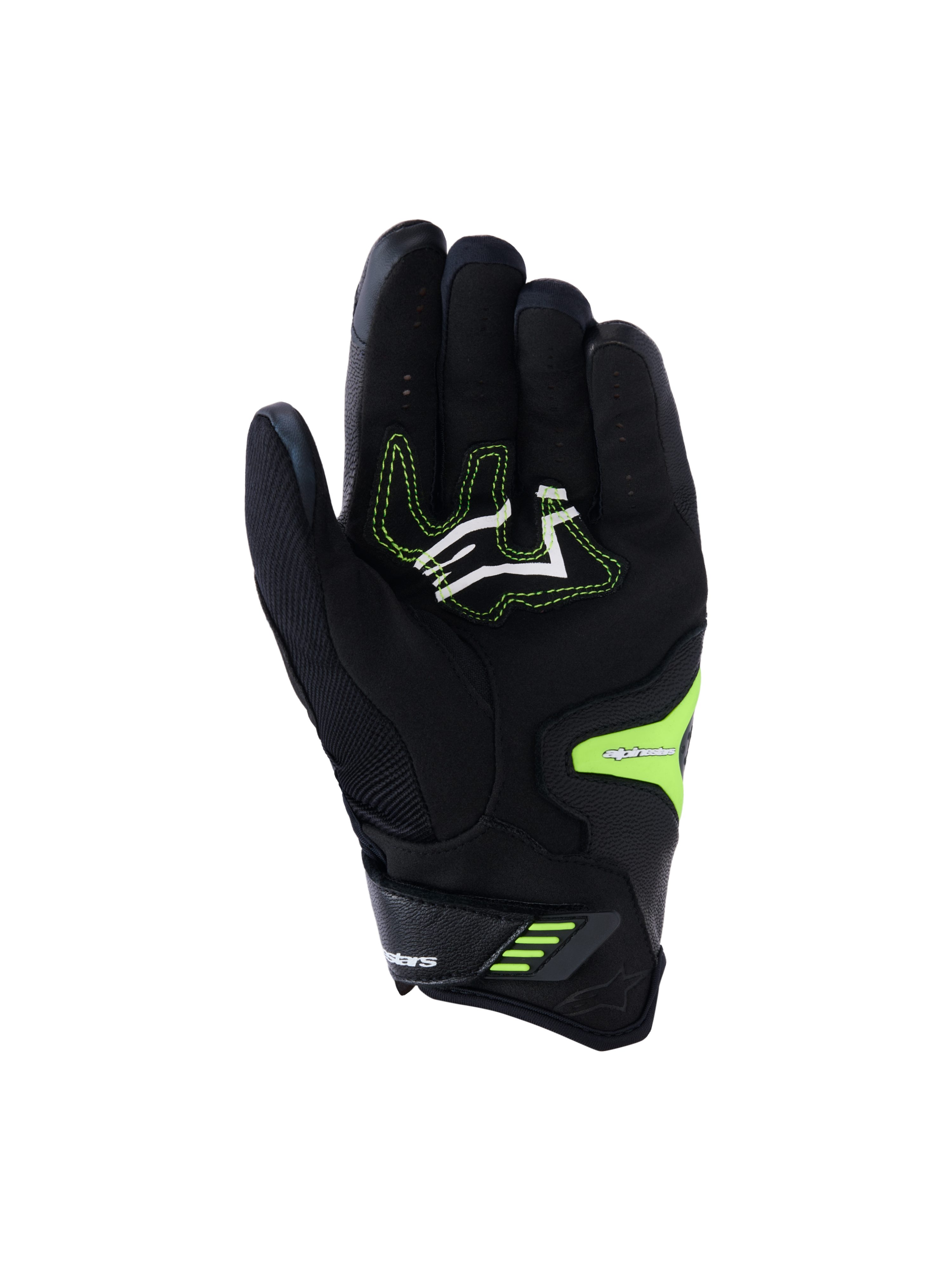 Rękawice Alpinestars SP-R Pro, czarno-żółte neonowe, widok dłoni ze wzmocnionymi strefami chwytu z syntetycznej skóry, białe logo z neonowo-żółtymi przeszyciami i bezpiecznym zapięciem na nadgarstku, zaprojektowane do jazdy sportowej
