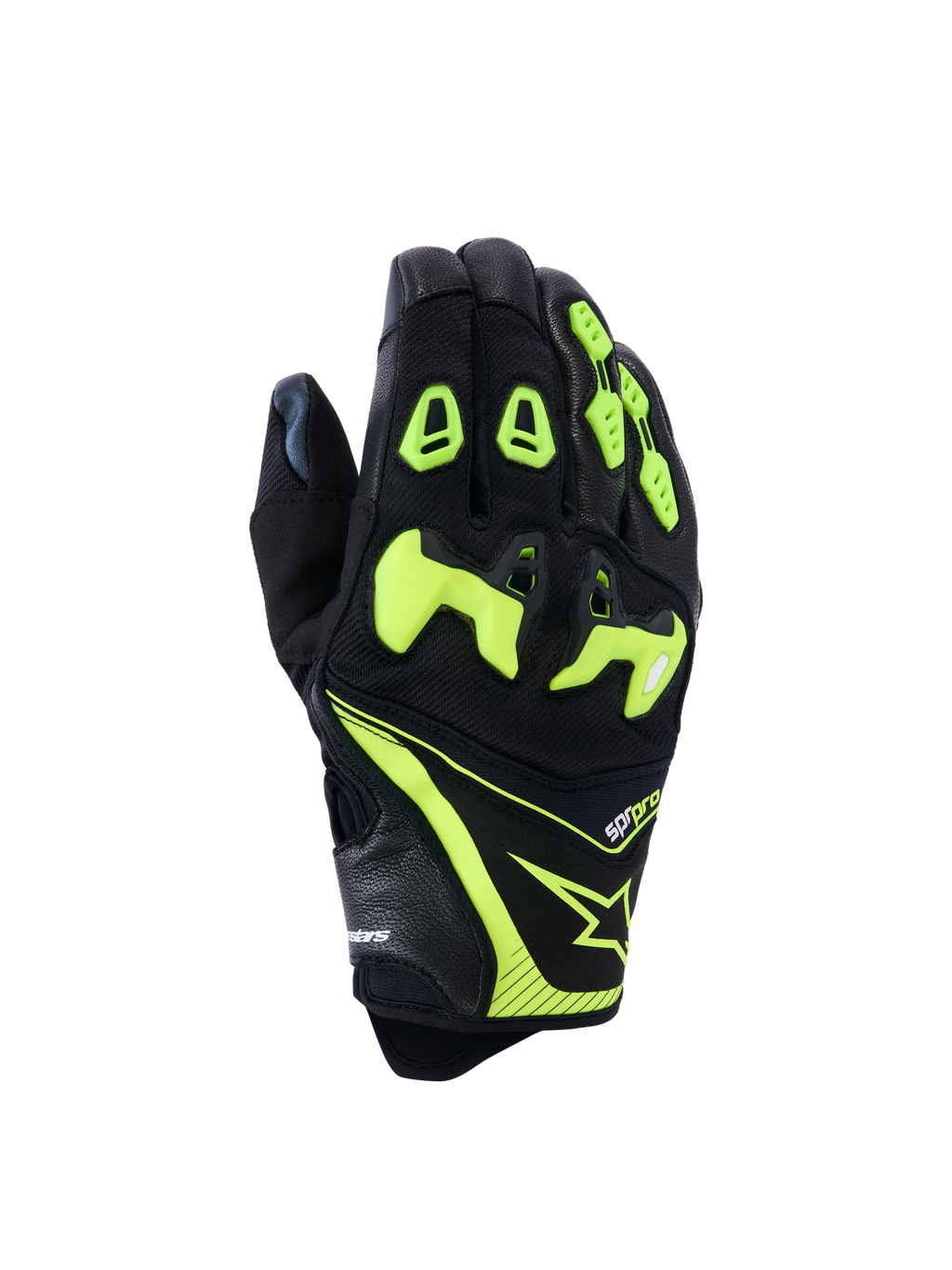 Rękawice Alpinestars SP-R Pro, wyścigowe rękawice motocyklowe, czarno-żółte fluo, dzielona ochrona kostek TPU, konstrukcja z perforowanej skóry i materiału tekstylnego, jaskrawe neonowe akcenty, logo Alpinestars i branding sp-r pro na mankiecie