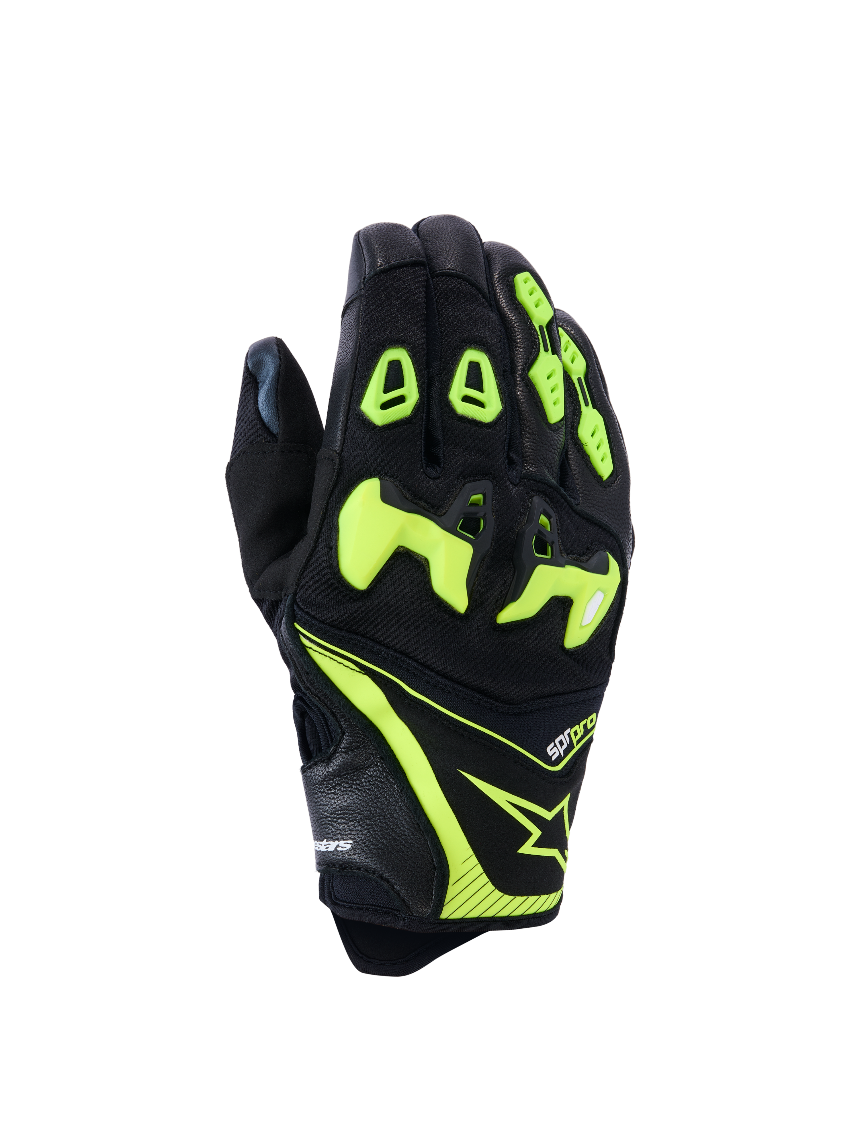 Rękawice Alpinestars SP-R Pro, wyścigowe rękawice motocyklowe, czarno-żółte fluo, dzielona ochrona kostek TPU, konstrukcja z perforowanej skóry i materiału tekstylnego, jaskrawe neonowe akcenty, logo Alpinestars i branding sp-r pro na mankiecie