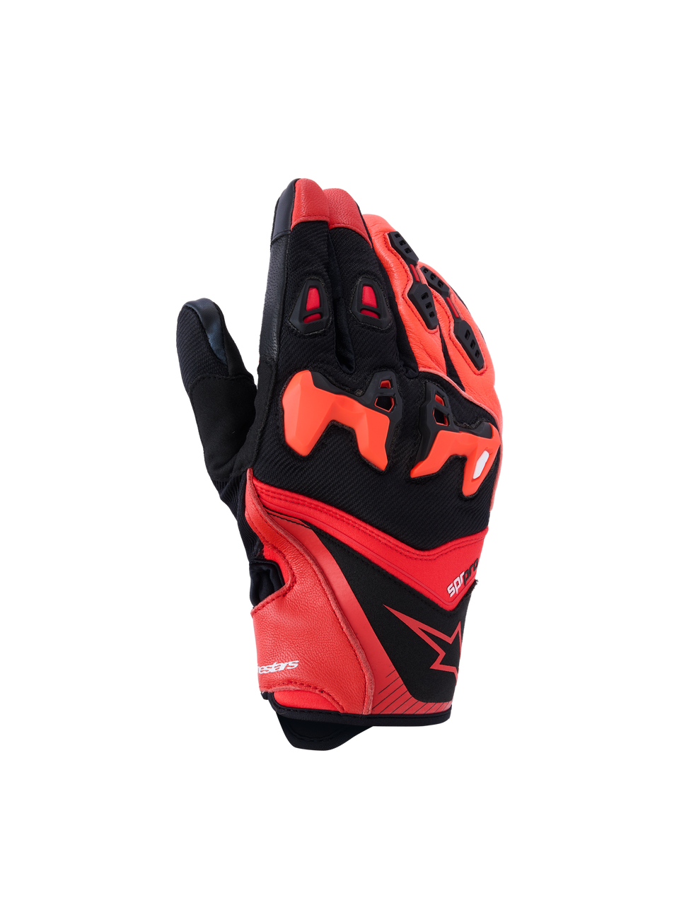Alpinestars SP-R Pro Gloves, Motorcycle Racing Gloves, Red and Black, hard shell knuckle protectors, finger vents, textured palm grip, sporty angular design with logo