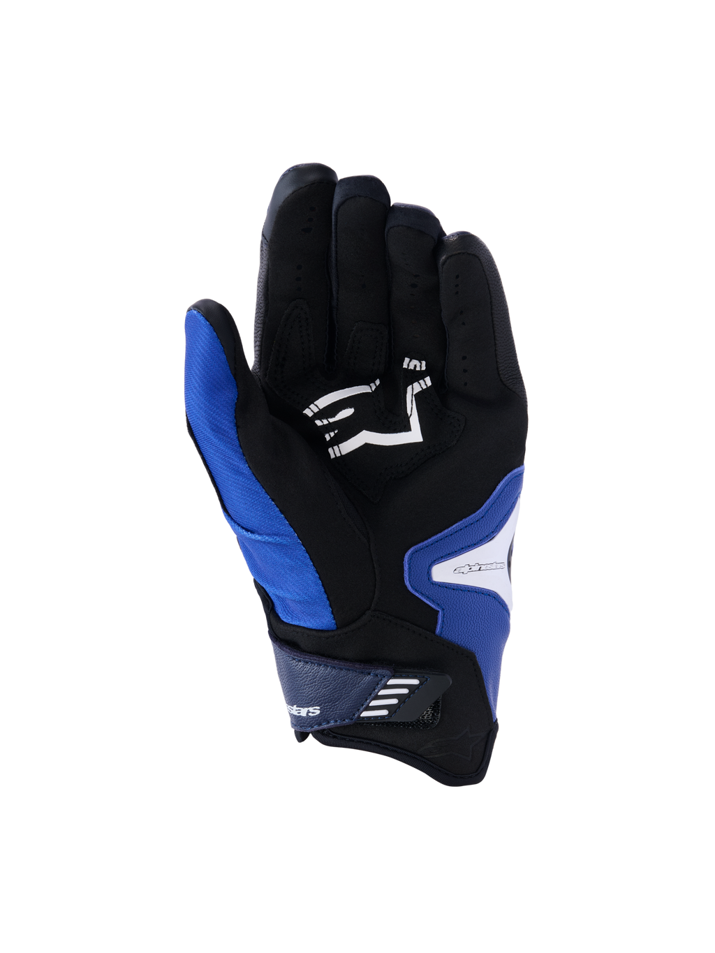 Rękawice Alpinestars SP-R Pro, widok od strony dłoni, kolor jaskrawoniebieski, granatowy i biały, czarne wnętrze dłoni z syntetycznej skóry z białym logo Alpinestars, krótki mankiet z zapięciem na rzep, wzmocnione strefy chwytu.