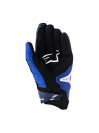 Rękawice Alpinestars SP-R Pro, widok od strony dłoni, kolor jaskrawoniebieski, granatowy i biały, czarne wnętrze dłoni z syntetycznej skóry z białym logo Alpinestars, krótki mankiet z zapięciem na rzep, wzmocnione strefy chwytu.