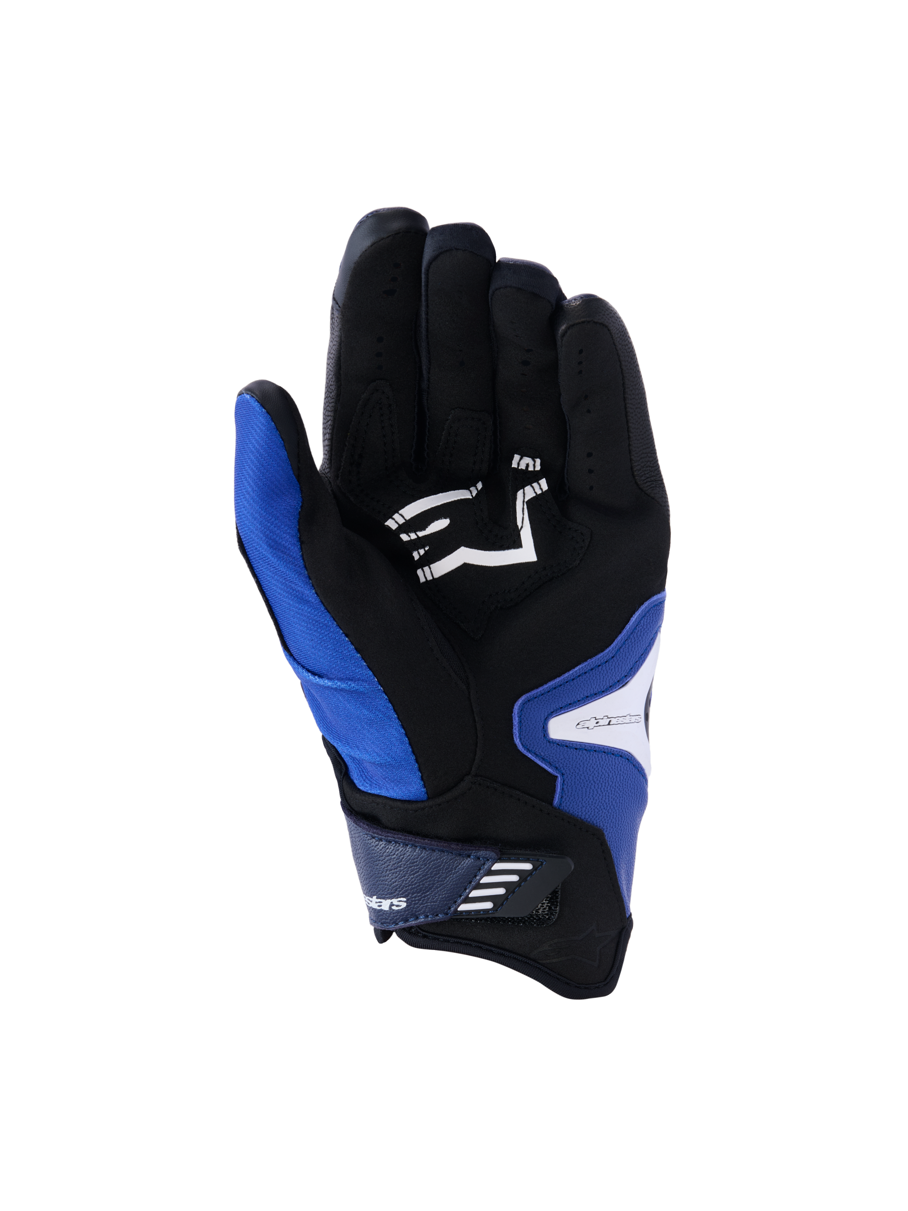 Rękawice Alpinestars SP-R Pro, widok od strony dłoni, kolor jaskrawoniebieski, granatowy i biały, czarne wnętrze dłoni z syntetycznej skóry z białym logo Alpinestars, krótki mankiet z zapięciem na rzep, wzmocnione strefy chwytu.