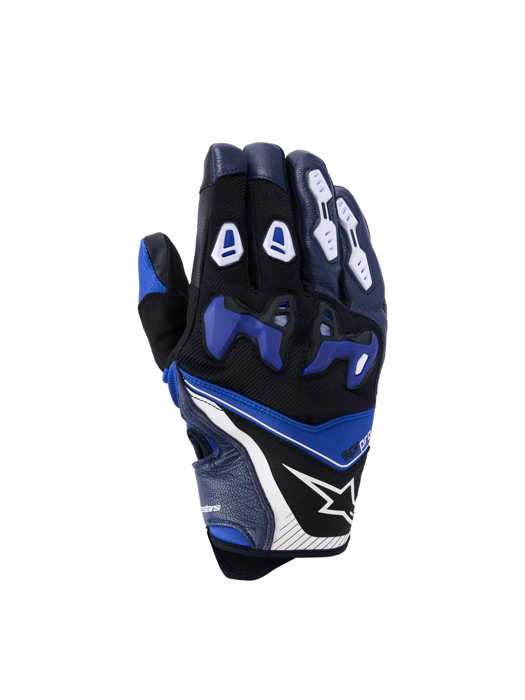 Rękawice Alpinestars SP-R Pro, wyścigowe rękawice motocyklowe, jasnoniebieskie, granatowe i białe, widok z wierzchu dłoni z niebieskim dzielonym ochraniaczem kostek z TPU, białymi ochraniaczami palców, logo gwiazdy Alpinestars i krótkim mankietem