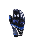 Rękawice Alpinestars SP-R Pro, wyścigowe rękawice motocyklowe, jasnoniebieskie, granatowe i białe, widok z wierzchu dłoni z niebieskim dzielonym ochraniaczem kostek z TPU, białymi ochraniaczami palców, logo gwiazdy Alpinestars i krótkim mankietem