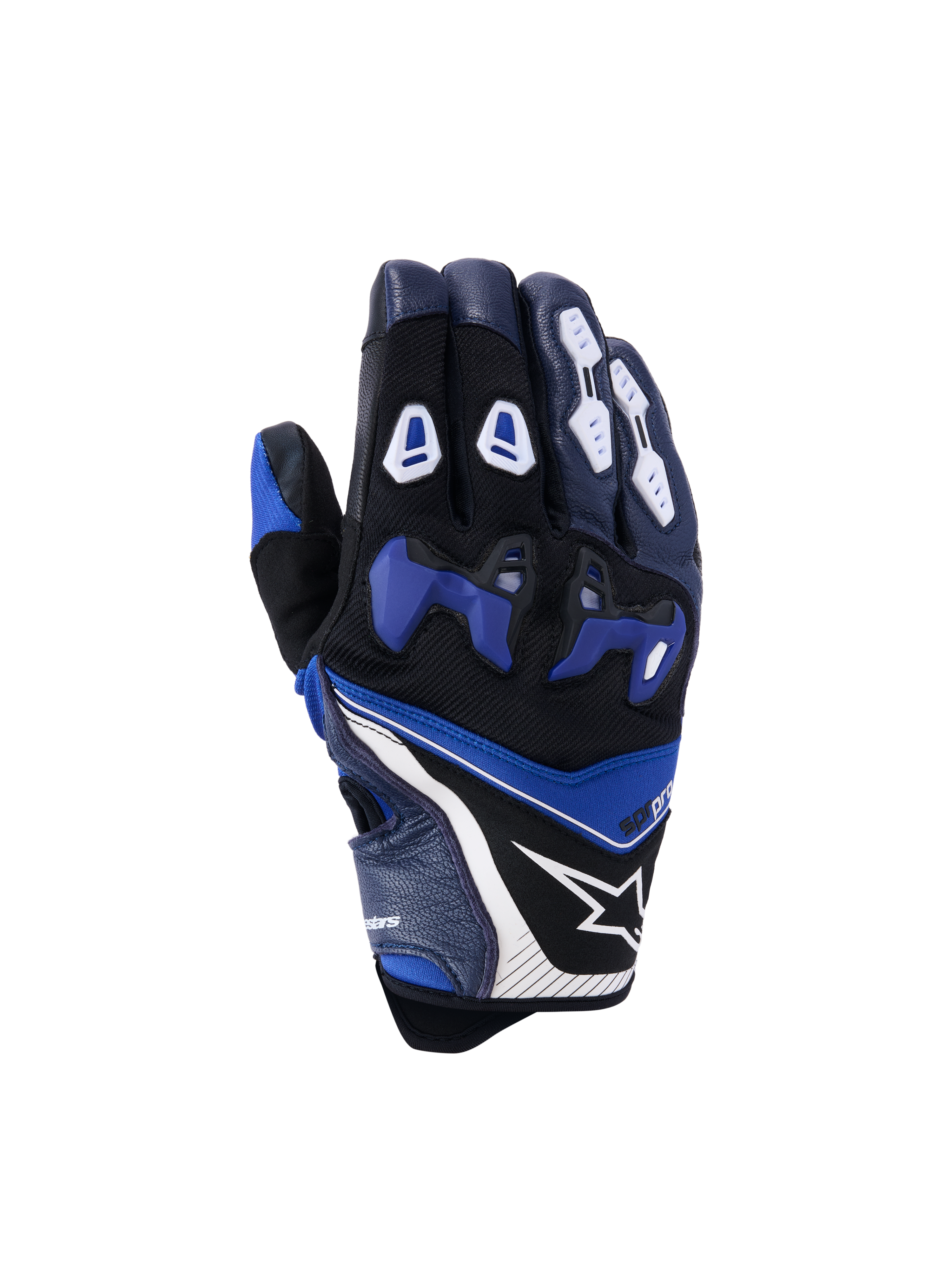 Rękawice Alpinestars SP-R Pro, wyścigowe rękawice motocyklowe, jasnoniebieskie, granatowe i białe, widok z wierzchu dłoni z niebieskim dzielonym ochraniaczem kostek z TPU, białymi ochraniaczami palców, logo gwiazdy Alpinestars i krótkim mankietem