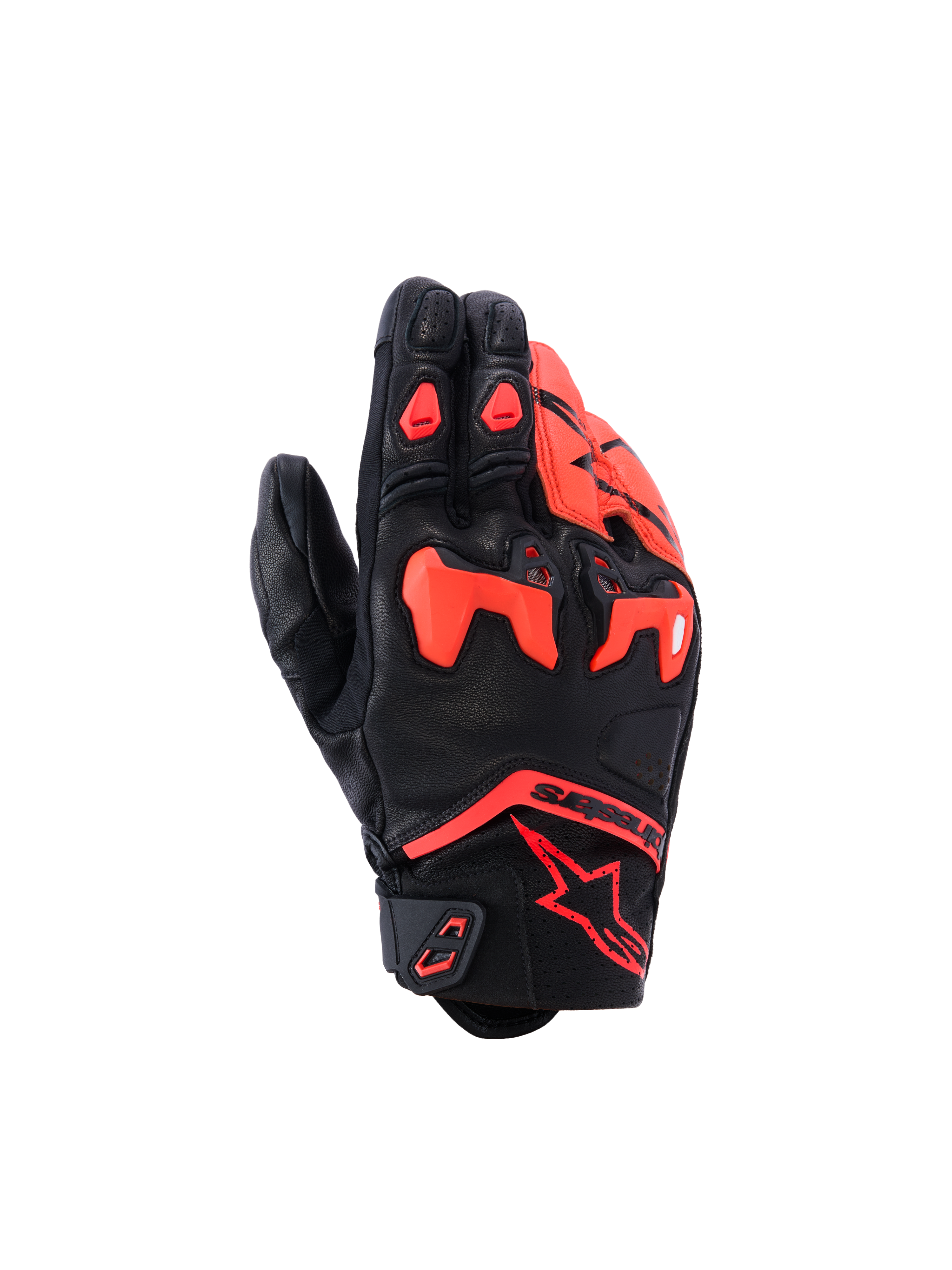 Alpinestars SP-R Tech, rękawice motocyklowe, czarno-czerwone fluo, z dzielonym ochraniaczem kostek TPU i perforowanymi panelami skórzanymi, sportowy design z krótkim mankietem i czerwonym logo Astars
