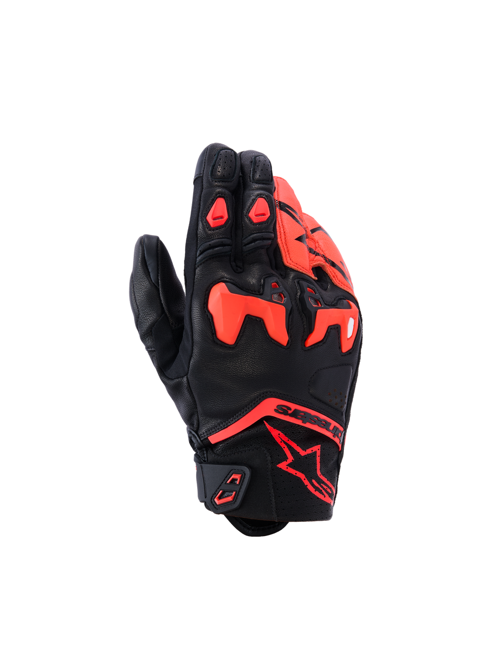 Alpinestars SP-R Tech, rękawice motocyklowe, czarno-czerwone fluo, z dzielonym ochraniaczem kostek TPU i perforowanymi panelami skórzanymi, sportowy design z krótkim mankietem i czerwonym logo Astars