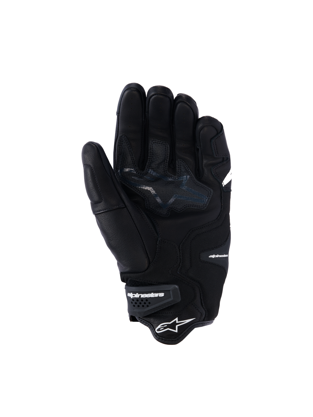 Rękawice Alpinestars SP-R Tech, czarne skórzane rękawice motocyklowe, widok od strony dłoni przedstawiający wzmocnione strefy chwytu i logo gwiazdy, elastyczny nadgarstek z brandingiem Alpinestars, sportowa odzież motocyklowa wykonana ze skóry koziej