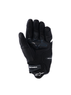 Rękawice Alpinestars SP-R Tech, czarne skórzane rękawice motocyklowe, widok od strony dłoni przedstawiający wzmocnione strefy chwytu i logo gwiazdy, elastyczny nadgarstek z brandingiem Alpinestars, sportowa odzież motocyklowa wykonana ze skóry koziej