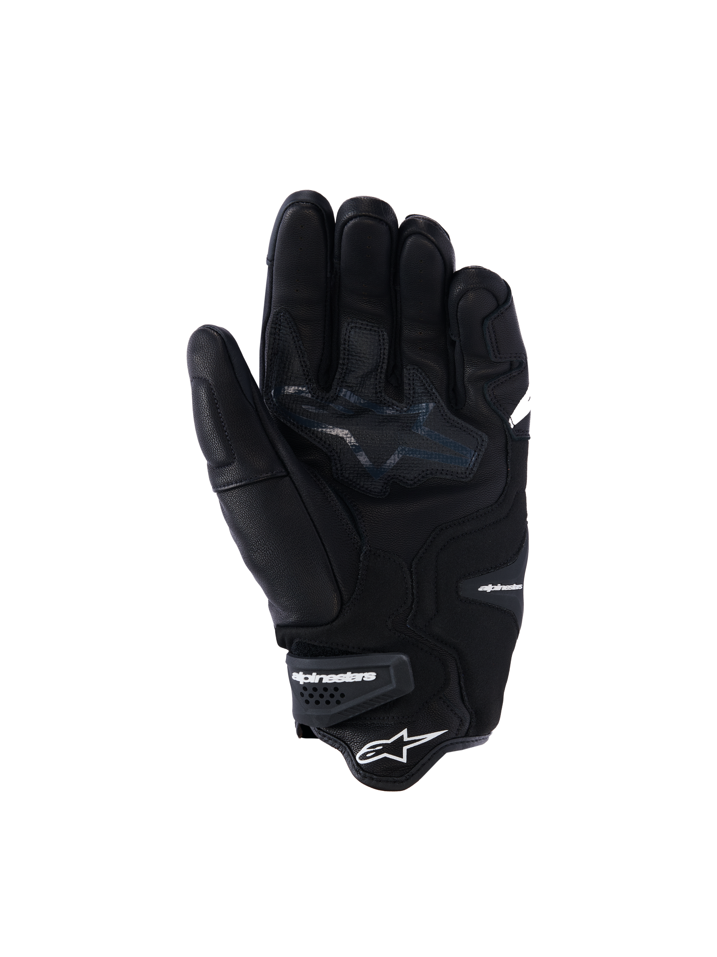 Rękawice Alpinestars SP-R Tech, czarne skórzane rękawice motocyklowe, widok od strony dłoni przedstawiający wzmocnione strefy chwytu i logo gwiazdy, elastyczny nadgarstek z brandingiem Alpinestars, sportowa odzież motocyklowa wykonana ze skóry koziej