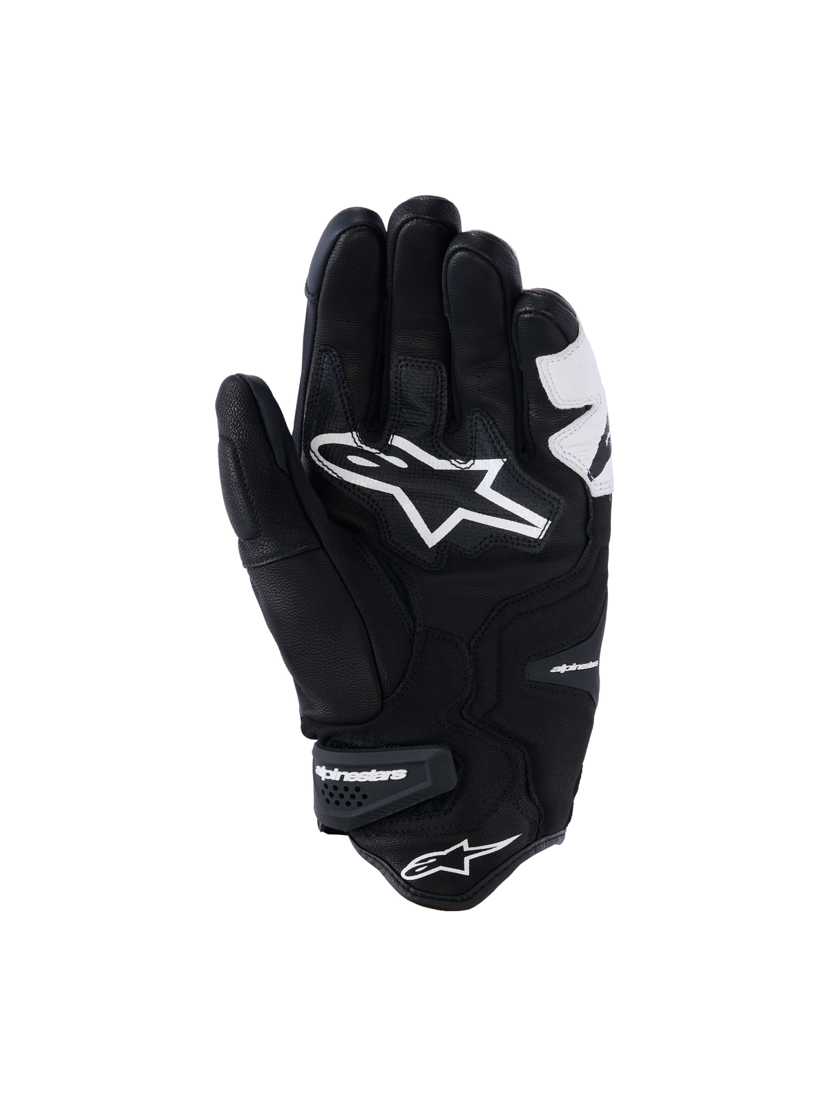 Rękawice Alpinestars SP-R Tech, czarno-białe, widok od strony dłoni ukazujący wzmocnioną skórzaną konstrukcję, duże białe logo Alpinestars na dłoni oraz krótki mankiet z markowym paskiem na rzep, sportowe i wyścigowe rękawice motocyklowe