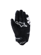 Rękawice Alpinestars SP-R Tech, czarno-białe, widok od strony dłoni ukazujący wzmocnioną skórzaną konstrukcję, duże białe logo Alpinestars na dłoni oraz krótki mankiet z markowym paskiem na rzep, sportowe i wyścigowe rękawice motocyklowe