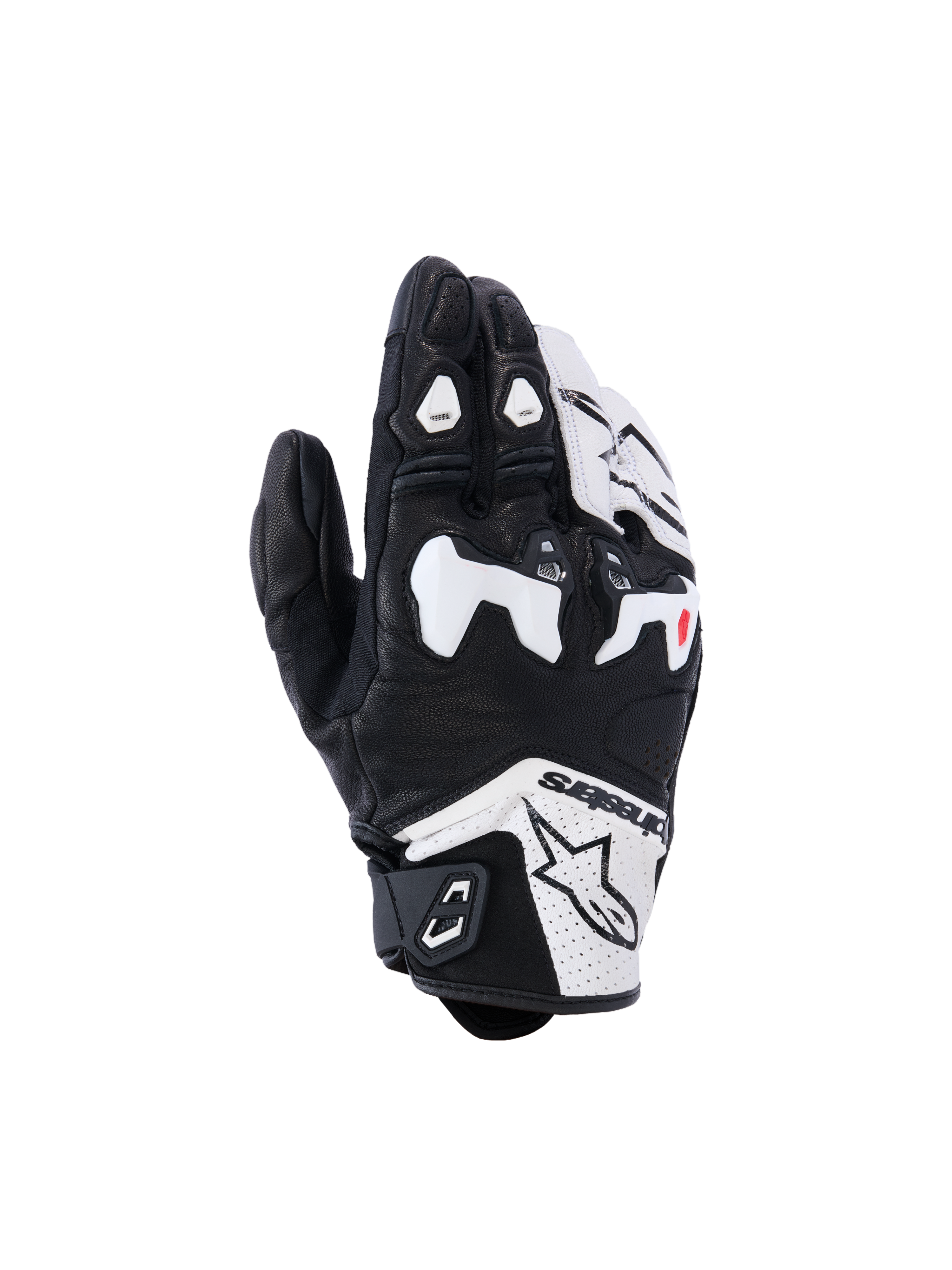 Alpinestars SP-R Tech Gloves, wyścigowe rękawice motocyklowe, czarno-białe, z białym dzielonym ochraniaczem kostek z TPU, konstrukcją z perforowanej skóry, logo Alpinestars na mankiecie i czerwonymi akcentami na palcach, sportowy design z krótkim mankietem