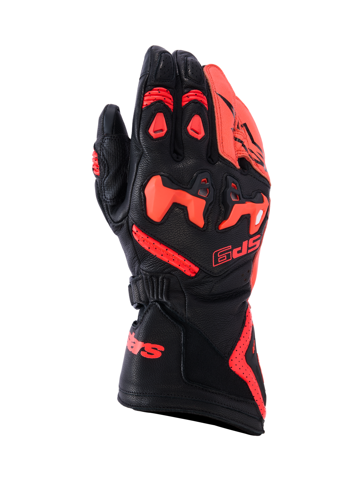 Alpinestars SP-9, wyścigowe i sportowe rękawice motocyklowe, czarne i czerwone fluo, konstrukcja z pełnoziarnistej skóry koziej z dzielonym ochraniaczem kostek SP-R z TPU, perforowany wierzch dłoni zapewniający przepływ powietrza, długi mankiet z wyrazistym czerwonym logo, wysokiej klasy odzież ochronna do jazdy sportowej.