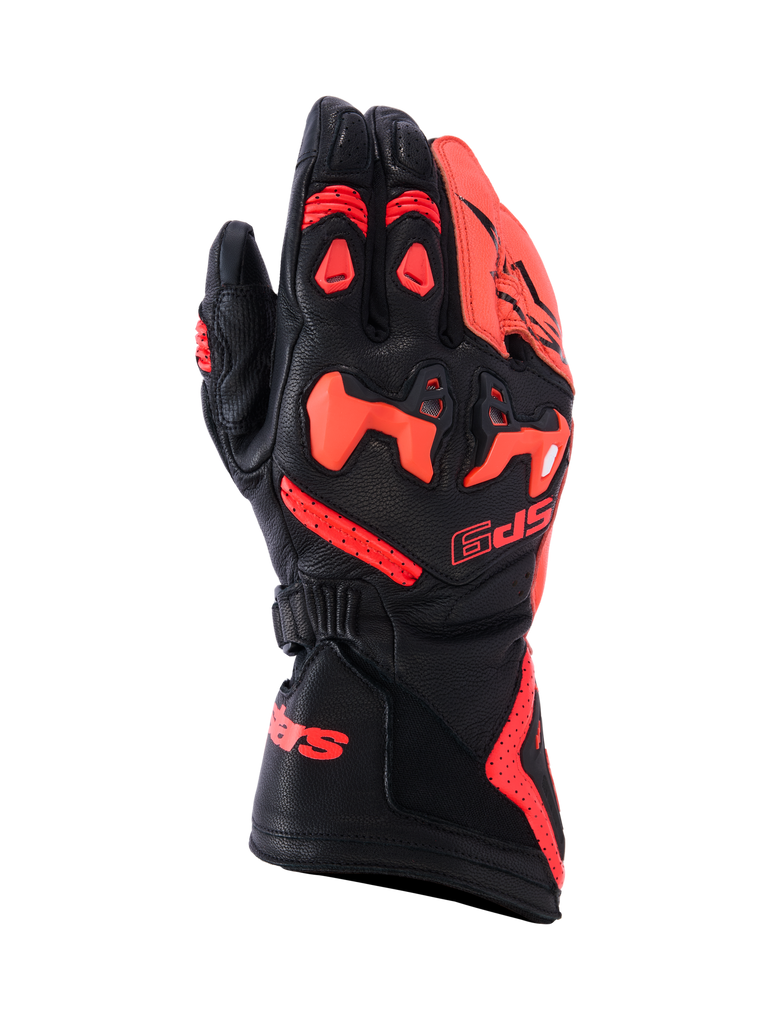Alpinestars SP-9 Gloves, Motorcycle Racing Gloves, Black and Red, Leather Construction, Knuckle Protection, Adjustable Wrist Strap, Ventilation Holes, Sporty Design