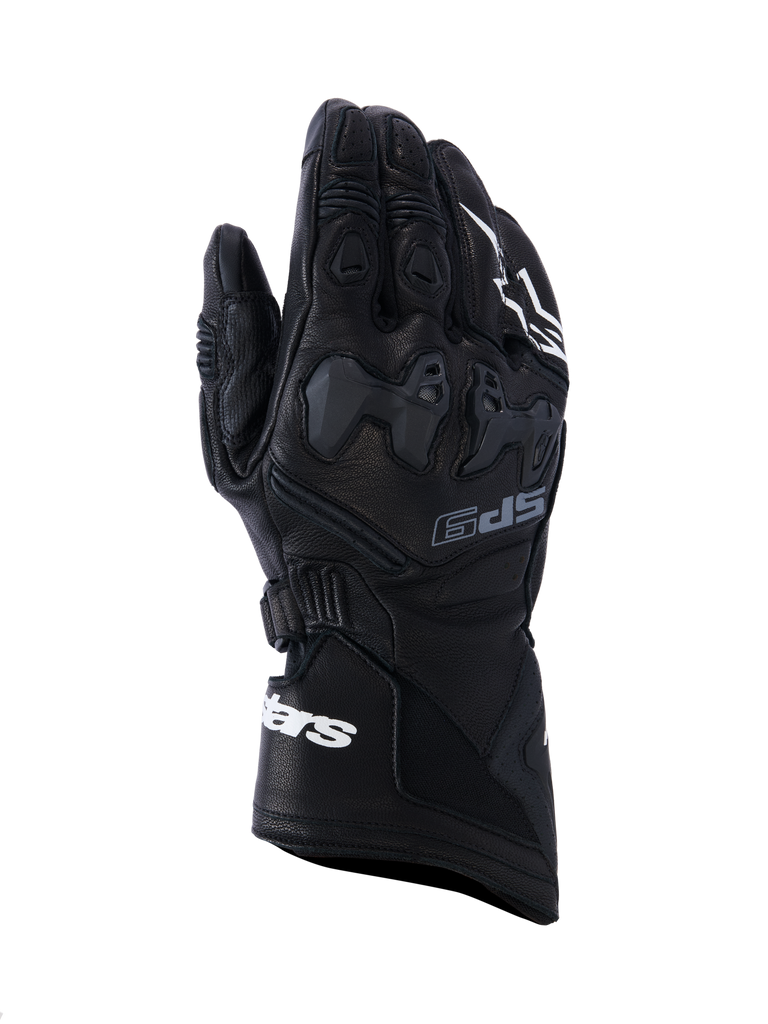 Alpinestars SP-9 Gloves, Black Motorcycle Racing Gloves, Textured Leather with Protective Knuckle and Finger Armor, White Branding, Ergonomic Design with Secure Wrist Strap