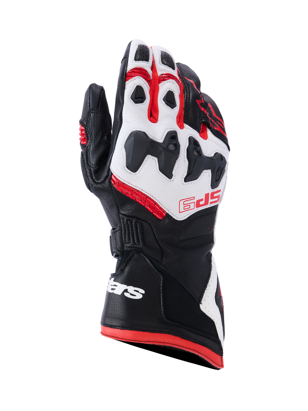 Alpinestars SP-9 Gloves, wyścigowe rękawice motocyklowe, czarne, białe i jaskrawoczerwone, z podzielonym ochraniaczem kostek SP-R, perforowaną skórą kozią, czerwonym logo SP-9 na grzbiecie dłoni oraz białym logo na długim mankiecie z podwójnym zapięciem.