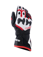 Alpinestars SP-9 Gloves, wyścigowe rękawice motocyklowe, czarne, białe i jaskrawoczerwone, z podzielonym ochraniaczem kostek SP-R, perforowaną skórą kozią, czerwonym logo SP-9 na grzbiecie dłoni oraz białym logo na długim mankiecie z podwójnym zapięciem.