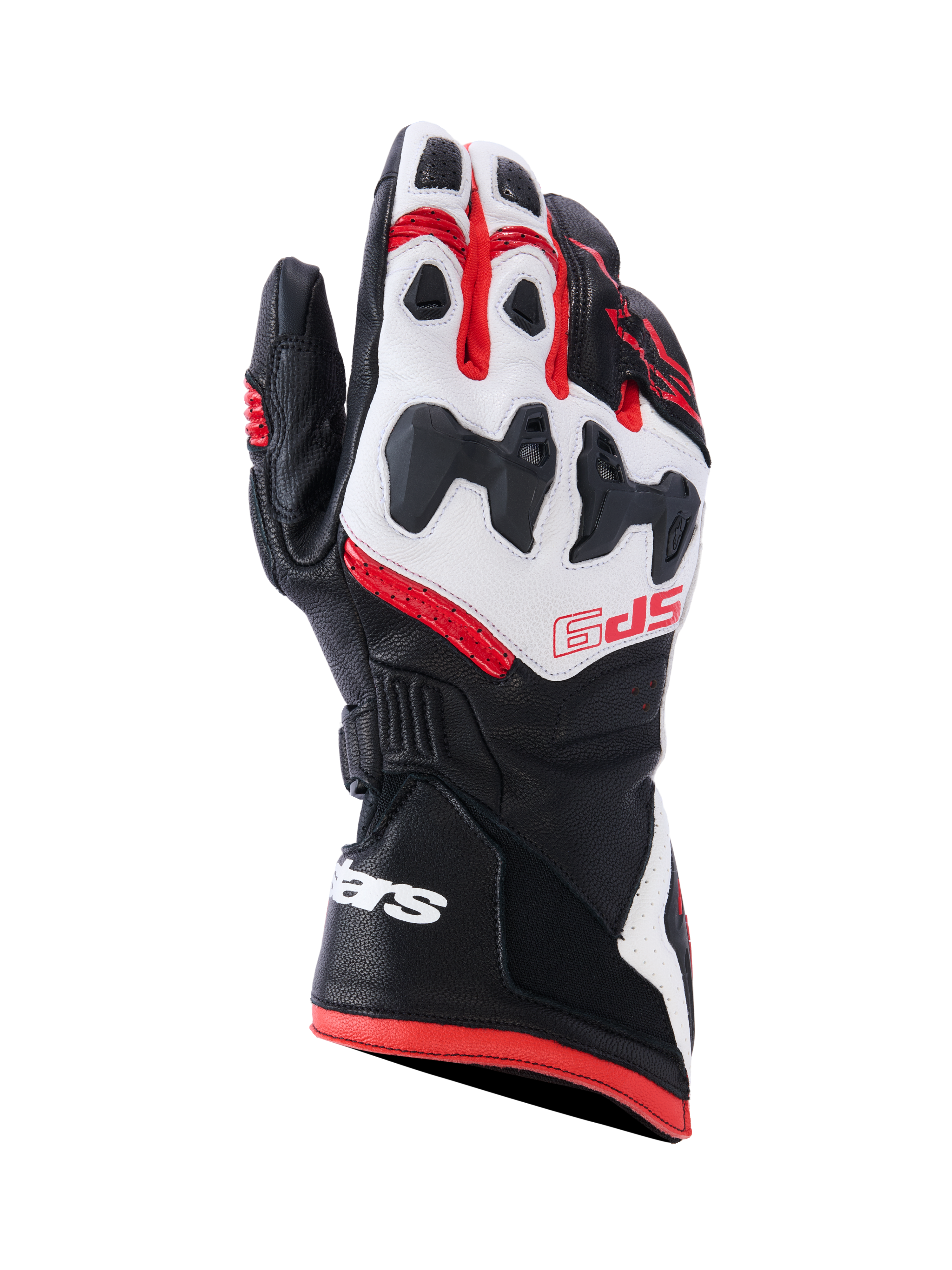 Alpinestars SP-9 Gloves, wyścigowe rękawice motocyklowe, czarne, białe i jaskrawoczerwone, z podzielonym ochraniaczem kostek SP-R, perforowaną skórą kozią, czerwonym logo SP-9 na grzbiecie dłoni oraz białym logo na długim mankiecie z podwójnym zapięciem.