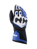 Alpinestars SP-9 Gloves, Motorcycle Racing and Sport Gloves, Bright Blue White and Black, goat leather construction featuring SP-R divided knuckle armor, long cuff with dual closure, sporty design for track and street performance.