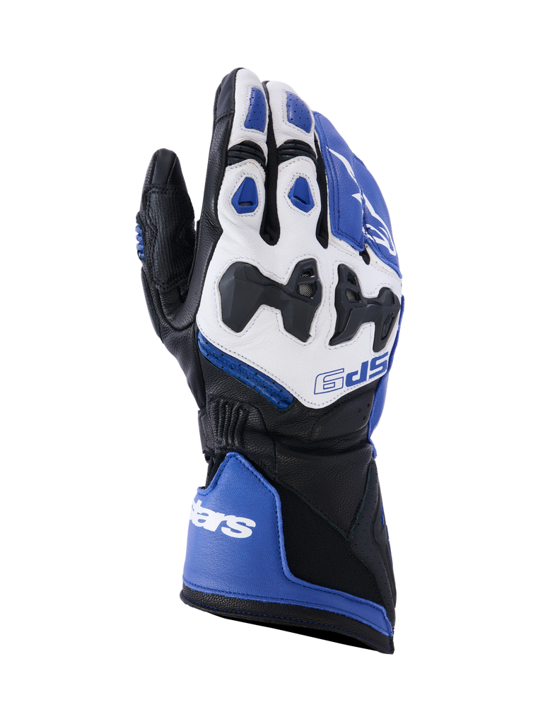 Alpinestars SP-9 Gloves, Motorcycle Racing Gloves, Black White and Blue, Leather Construction with Protective Knuckle Armor, Textured Palm Grip, Sporty Design