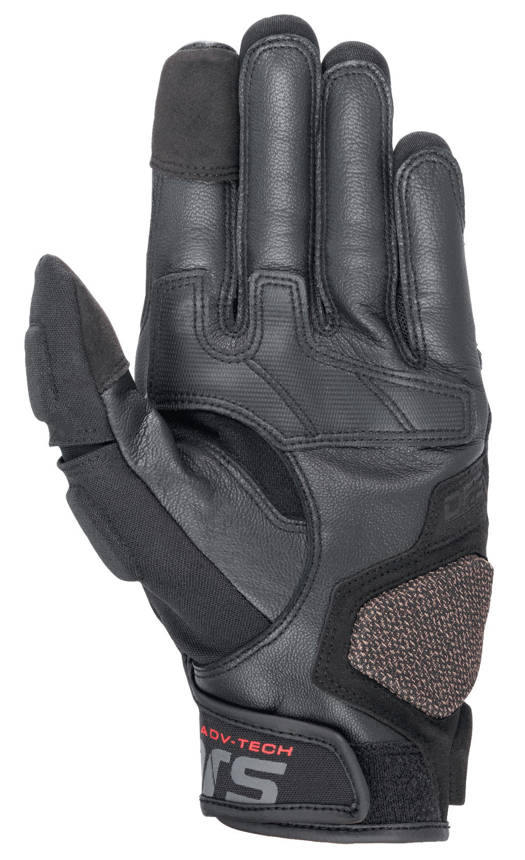 Alpinestars Halo Leather Gloves, motocyklowe rękawice adventure, czarne, widok od strony dłoni ukazujący konstrukcję skórzano-tekstylną, wzmocnioną podkładkę ARshield, gumowy uchwyt i opuszki palców obsługujące ekrany dotykowe