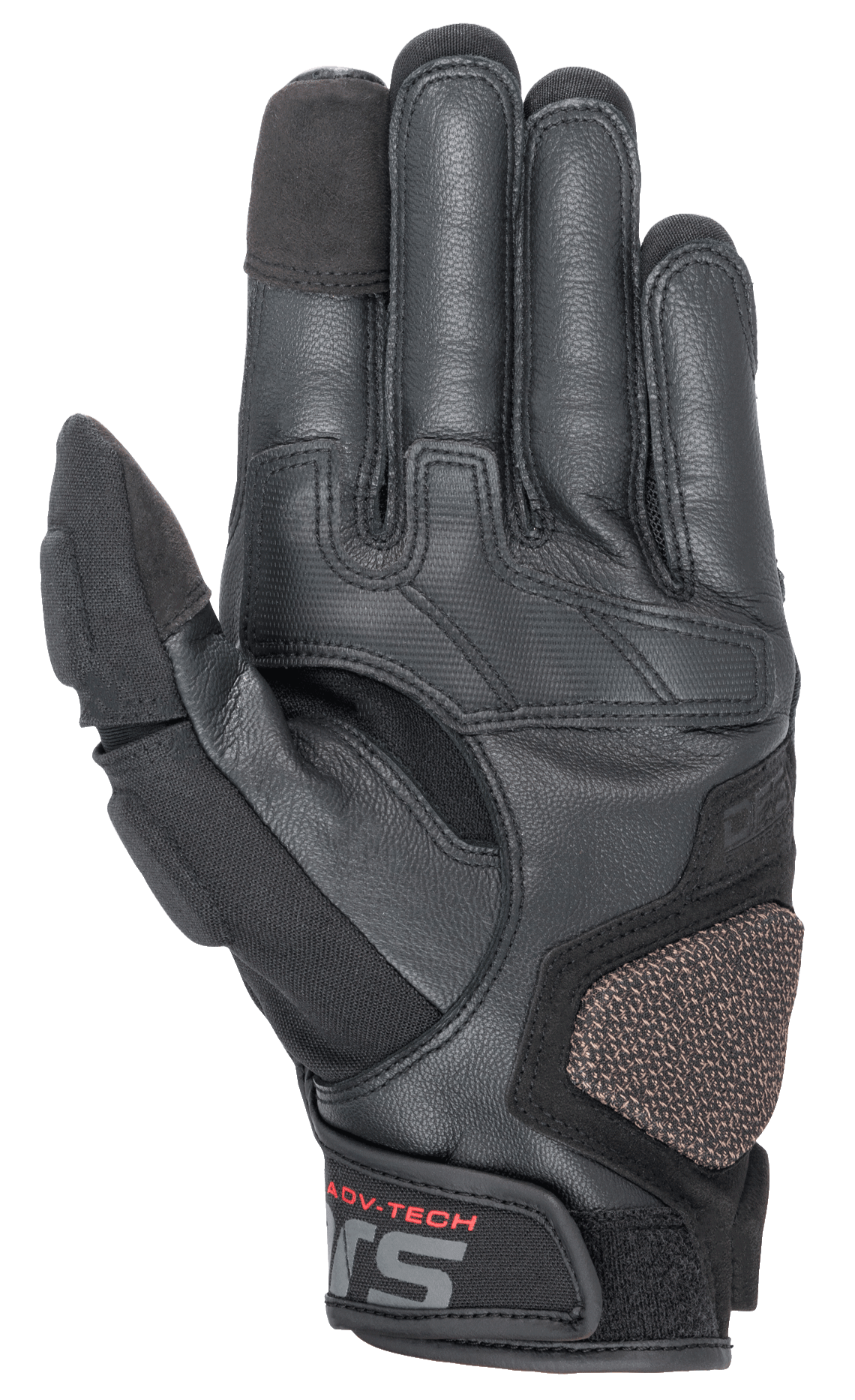 Alpinestars Halo Leather Gloves, motocyklowe rękawice adventure, czarne, widok od strony dłoni ukazujący konstrukcję skórzano-tekstylną, wzmocnioną podkładkę ARshield, gumowy uchwyt i opuszki palców obsługujące ekrany dotykowe