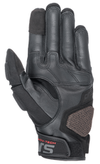Alpinestars Halo Leather Gloves, motocyklowe rękawice adventure, czarne, widok od strony dłoni ukazujący konstrukcję skórzano-tekstylną, wzmocnioną podkładkę ARshield, gumowy uchwyt i opuszki palców obsługujące ekrany dotykowe