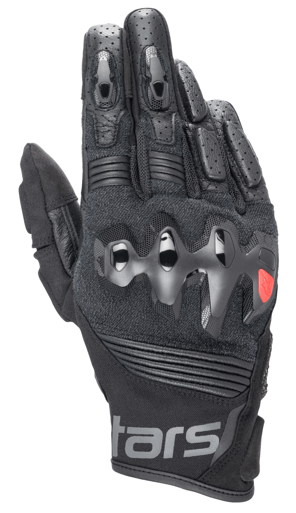 Alpinestars Halo Leather Gloves, czarne rękawice motocyklowe z twardym, wtryskiwanym ochraniaczem kostek, perforowana skóra na palcach, konstrukcja z siatki i skóry, detale z czerwonym logo