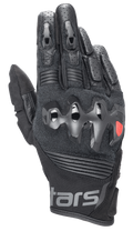 Alpinestars Halo Leather Gloves, czarne rękawice motocyklowe z twardym, wtryskiwanym ochraniaczem kostek, perforowana skóra na palcach, konstrukcja z siatki i skóry, detale z czerwonym logo