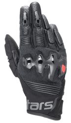 Alpinestars Halo Leather Gloves, czarne rękawice motocyklowe z twardym, wtryskiwanym ochraniaczem kostek, perforowana skóra na palcach, konstrukcja z siatki i skóry, detale z czerwonym logo