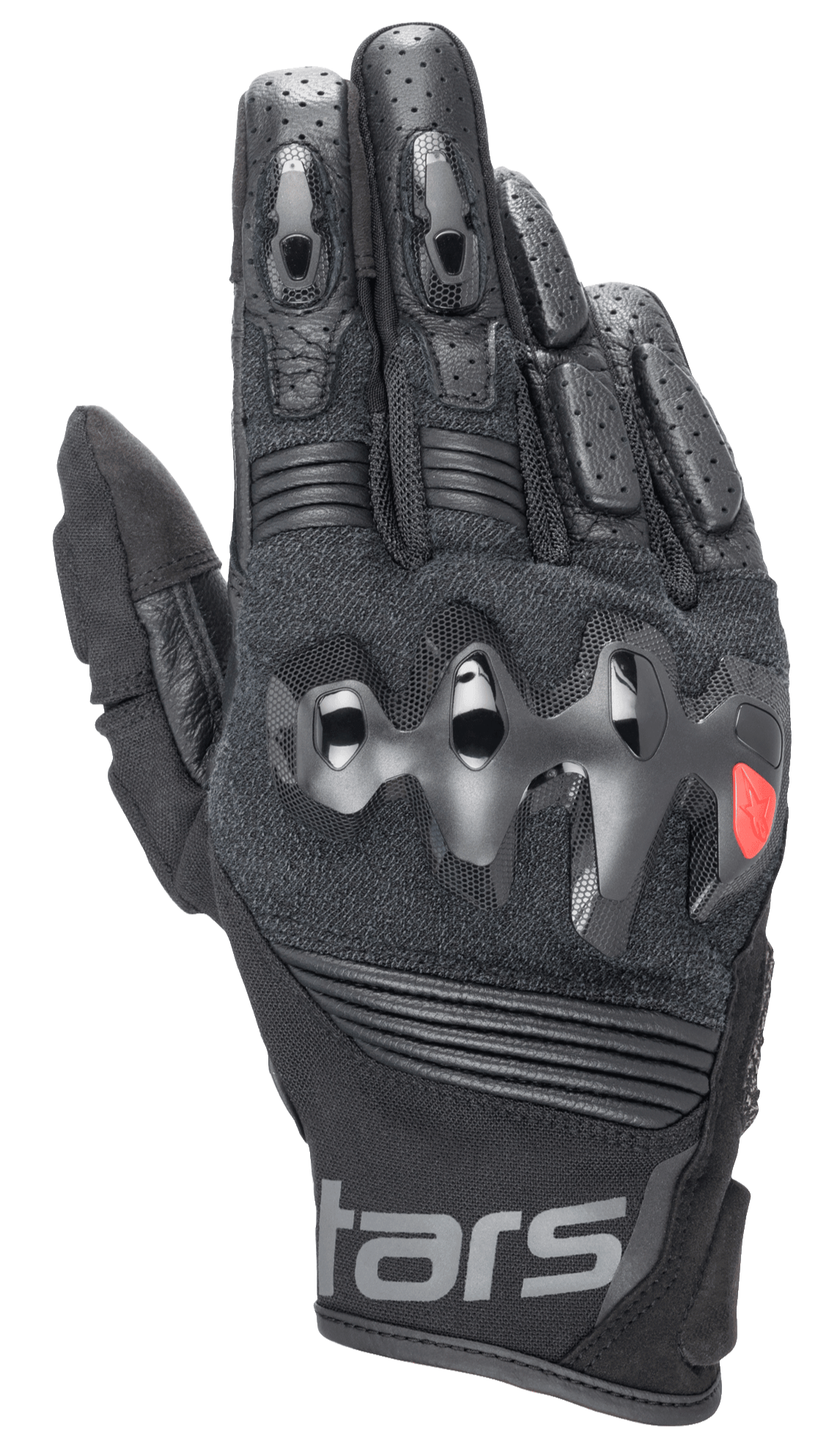 Alpinestars Halo Leather Gloves, czarne rękawice motocyklowe z twardym, wtryskiwanym ochraniaczem kostek, perforowana skóra na palcach, konstrukcja z siatki i skóry, detale z czerwonym logo