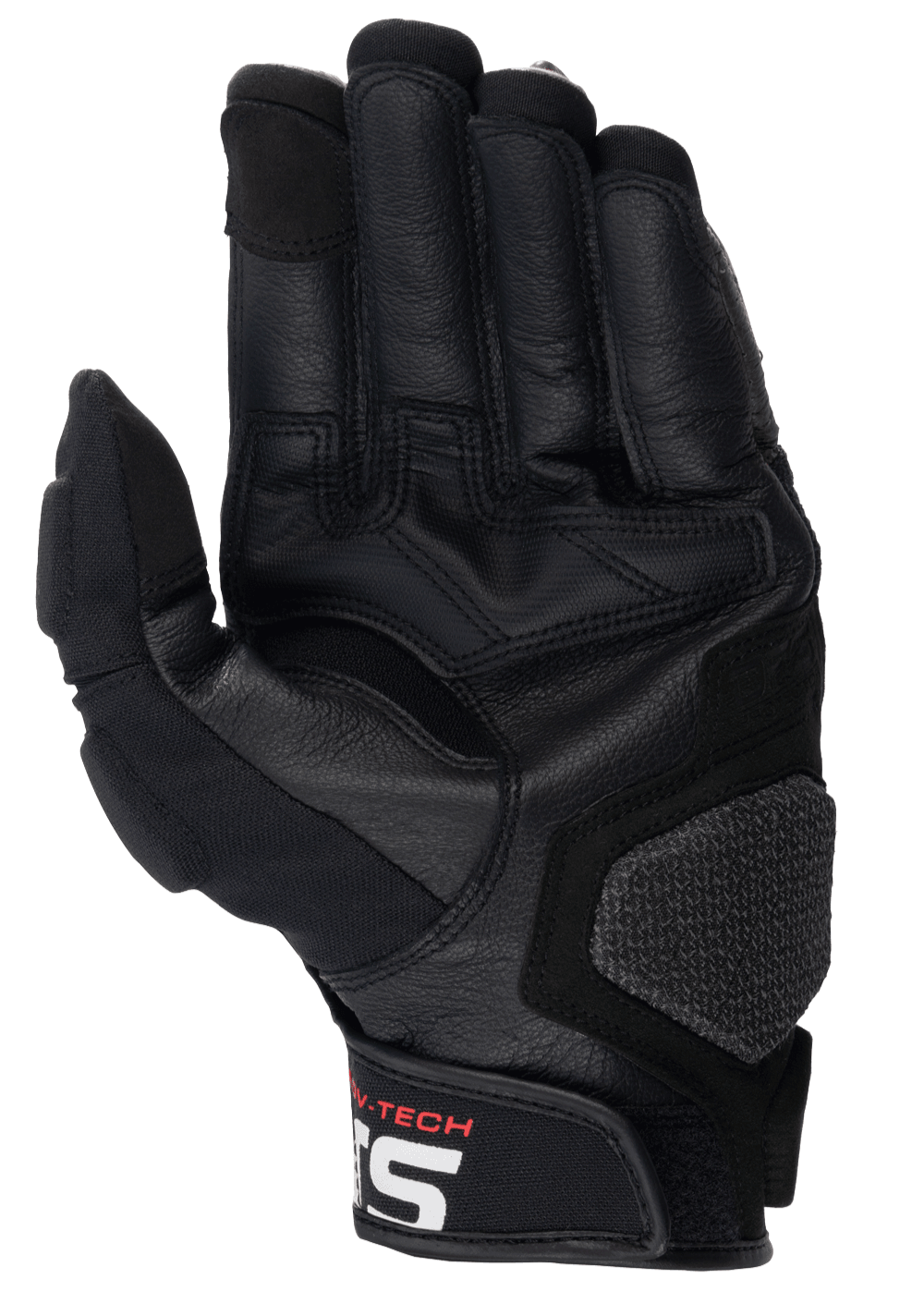 Alpinestars Halo Leather Gloves, rękawice motocyklowe, czarne, widok dłoni ze wzmocnioną skórą i gumowym uchwytem, teksturowana poduszka dłoni i krótki mankiet z białym logo Alpinestars, sprzęt adventure touring