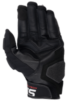 Alpinestars Halo Leather Gloves, rękawice motocyklowe, czarne, widok dłoni ze wzmocnioną skórą i gumowym uchwytem, teksturowana poduszka dłoni i krótki mankiet z białym logo Alpinestars, sprzęt adventure touring