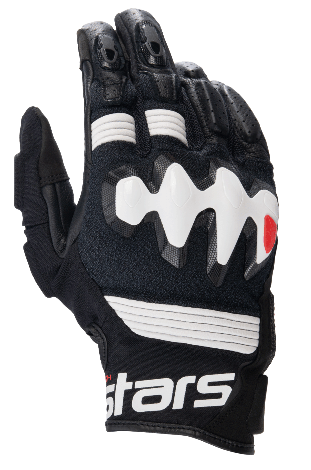 Alpinestars Halo Leather Gloves, skórzane rękawice motocyklowe adventure, czarno-białe, duży biały wtryskiwany ochraniacz kostek, perforowane panele skórzane zapewniające przepływu powietrza, krótki mankiet z wyraźnym białym logo
