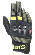 Alpinestars Halo Leather Gloves, rękawice motocyklowe, Forest Black i Yellow Fluo, oliwkowa zieleń i czerń z neonowożółtymi akcentami, nadtryskiwana ochrona kostek, perforowana konstrukcja skórzana, styl adventure touring