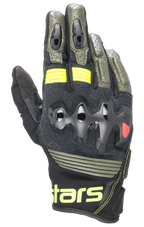 Alpinestars Halo Leather Gloves, rękawice motocyklowe, Forest Black i Yellow Fluo, oliwkowa zieleń i czerń z neonowożółtymi akcentami, nadtryskiwana ochrona kostek, perforowana konstrukcja skórzana, styl adventure touring