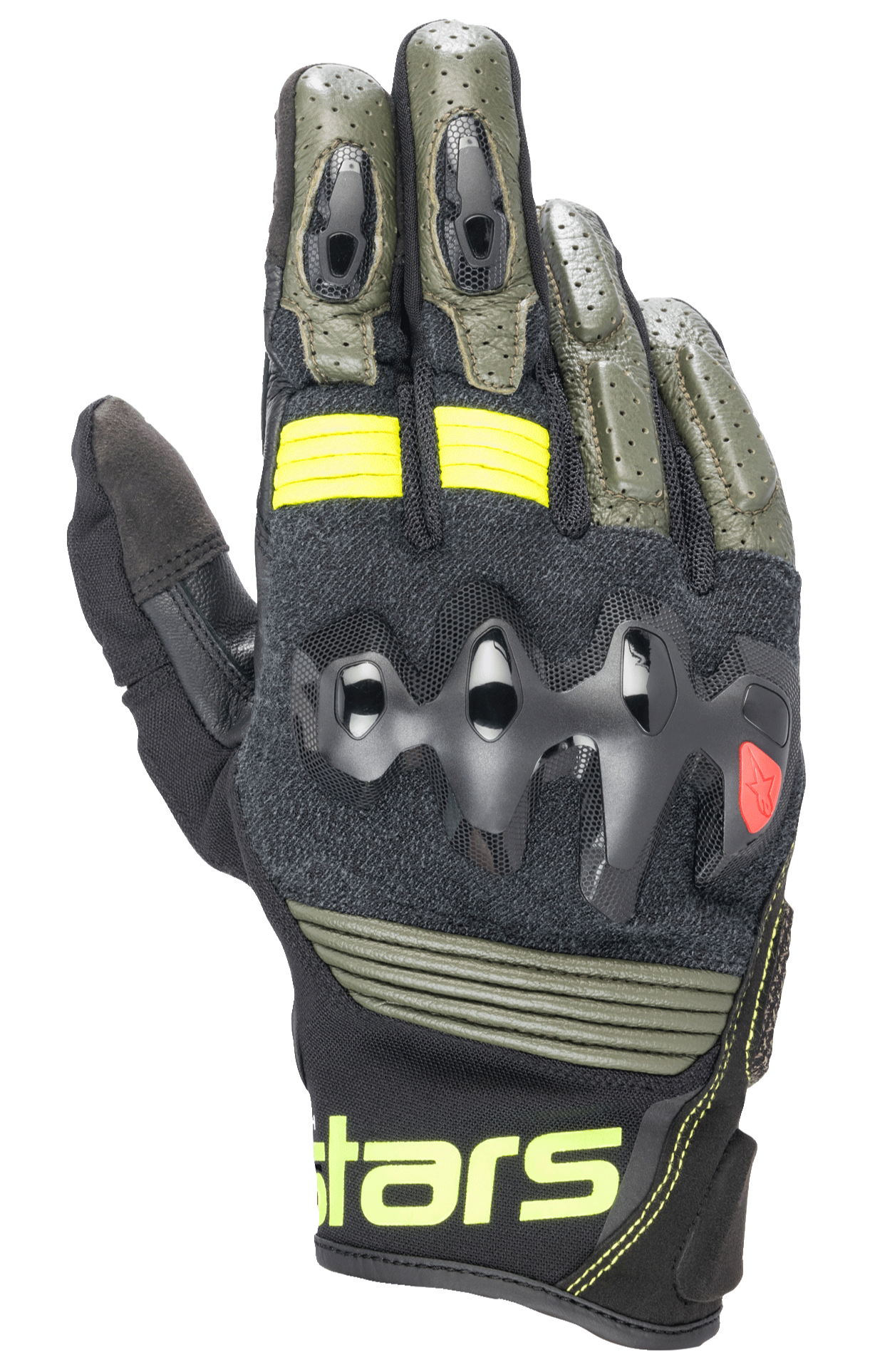 Alpinestars Halo Leather Gloves, rękawice motocyklowe, Forest Black i Yellow Fluo, oliwkowa zieleń i czerń z neonowożółtymi akcentami, nadtryskiwana ochrona kostek, perforowana konstrukcja skórzana, styl adventure touring