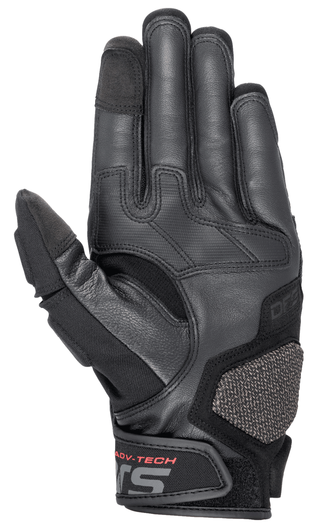 Alpinestars Halo Leather Gloves, motocyklowe rękawice adventure touring, granatowo-czarne, widok od strony dłoni, najwyższej jakości skóra kozia, gumowane strefy chwytu, panel ochronny ARshield, czerwony napis ADV-TECH na zapięciu nadgarstka