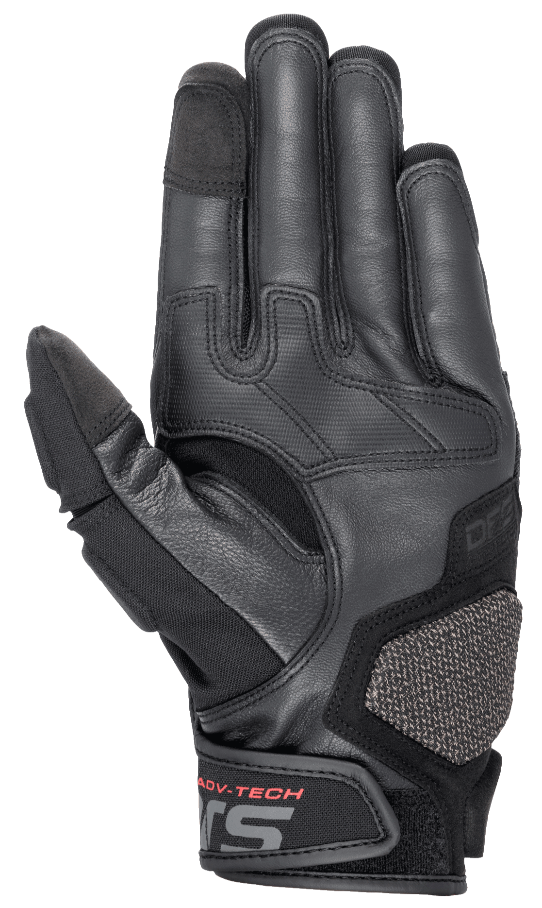 Alpinestars Halo Leather Gloves, motocyklowe rękawice adventure touring, granatowo-czarne, widok od strony dłoni, najwyższej jakości skóra kozia, gumowane strefy chwytu, panel ochronny ARshield, czerwony napis ADV-TECH na zapięciu nadgarstka