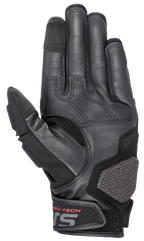 Alpinestars Halo Leather Gloves, motocyklowe rękawice adventure touring, granatowo-czarne, widok od strony dłoni, najwyższej jakości skóra kozia, gumowane strefy chwytu, panel ochronny ARshield, czerwony napis ADV-TECH na zapięciu nadgarstka